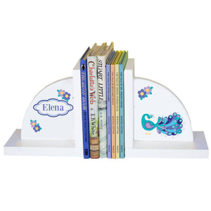 Personalized White Bookends with Peacock design