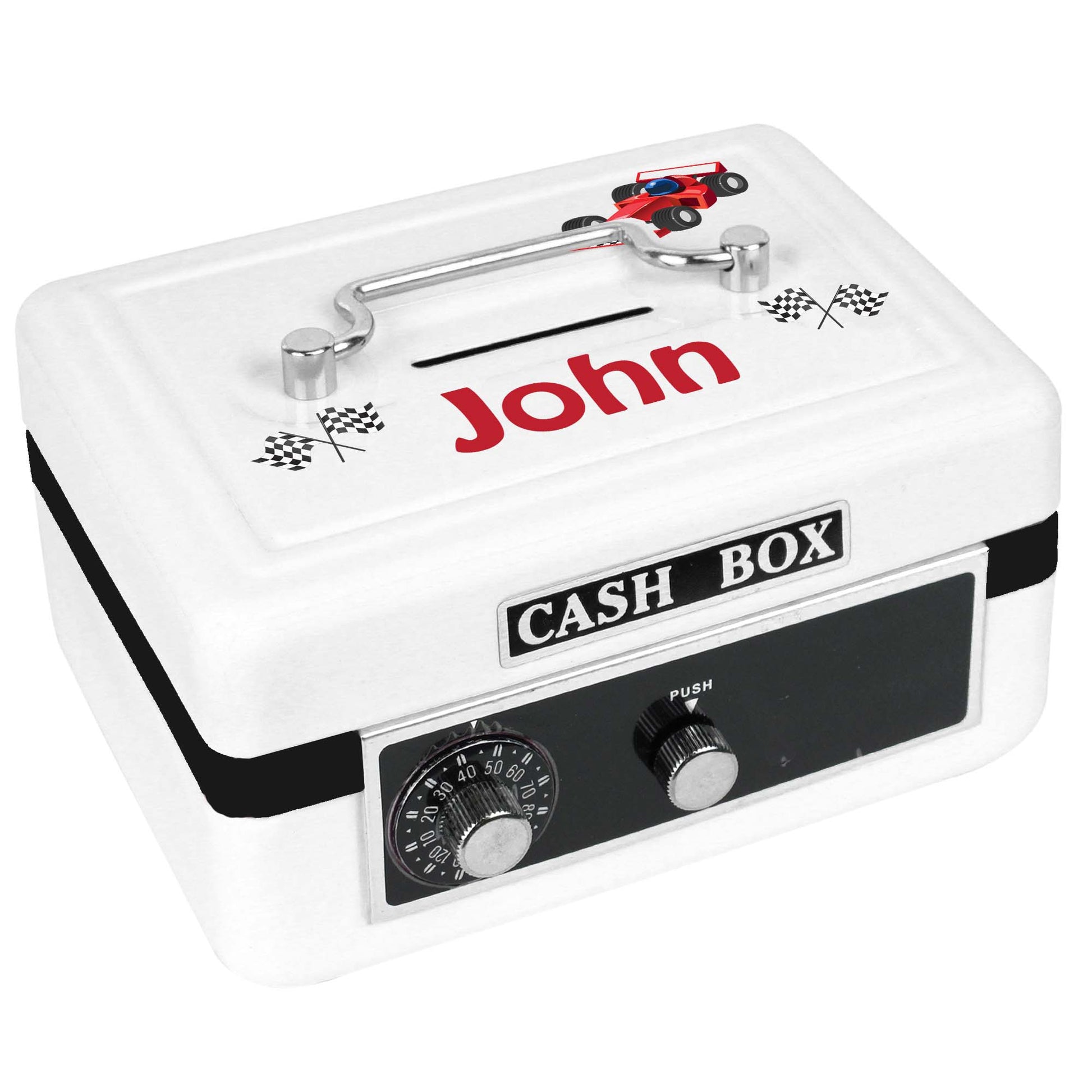 Personalized White Cash Box with Racer design