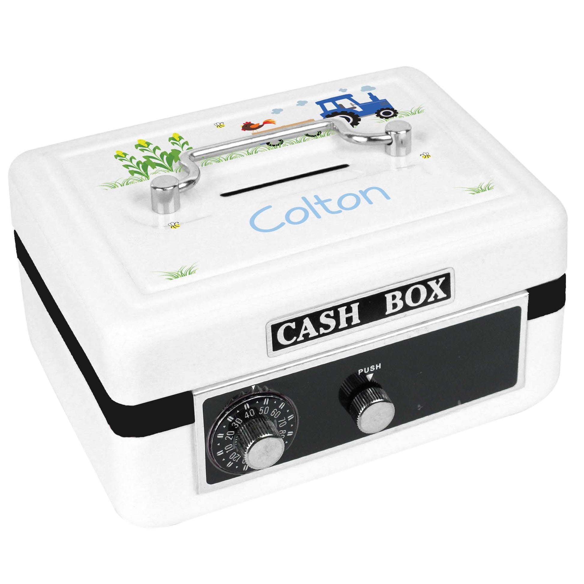 Personalized White Cash Box with Blue Tractor design