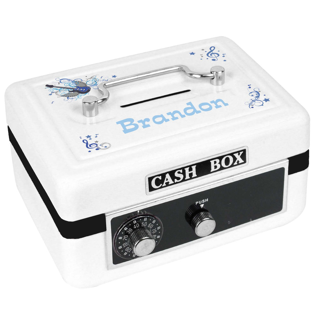 Personalized White Cash Box with Blue Rock Star design
