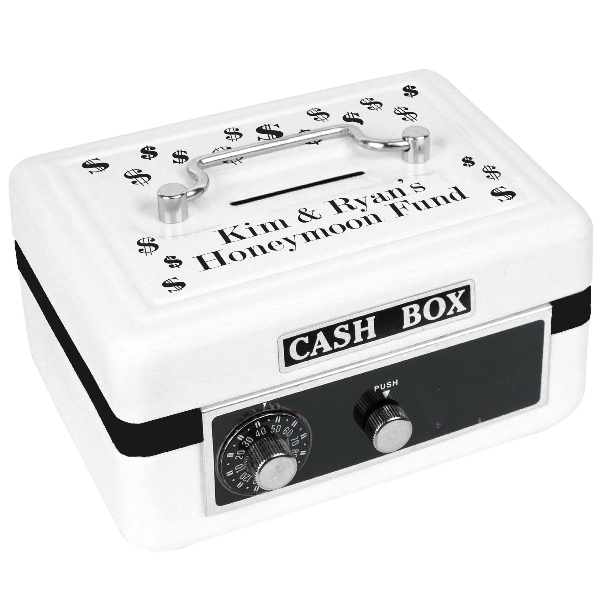 Personalized White Cash Box with Dollar Signs Black design