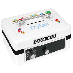 Personalized White Cash Box with Cars and Trucks design