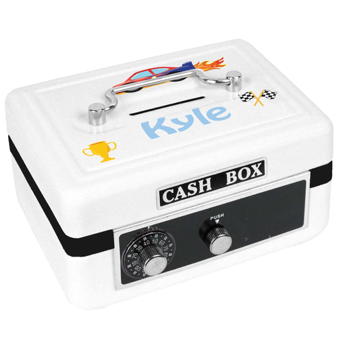 Personalized White Cash Box with Race Cars design