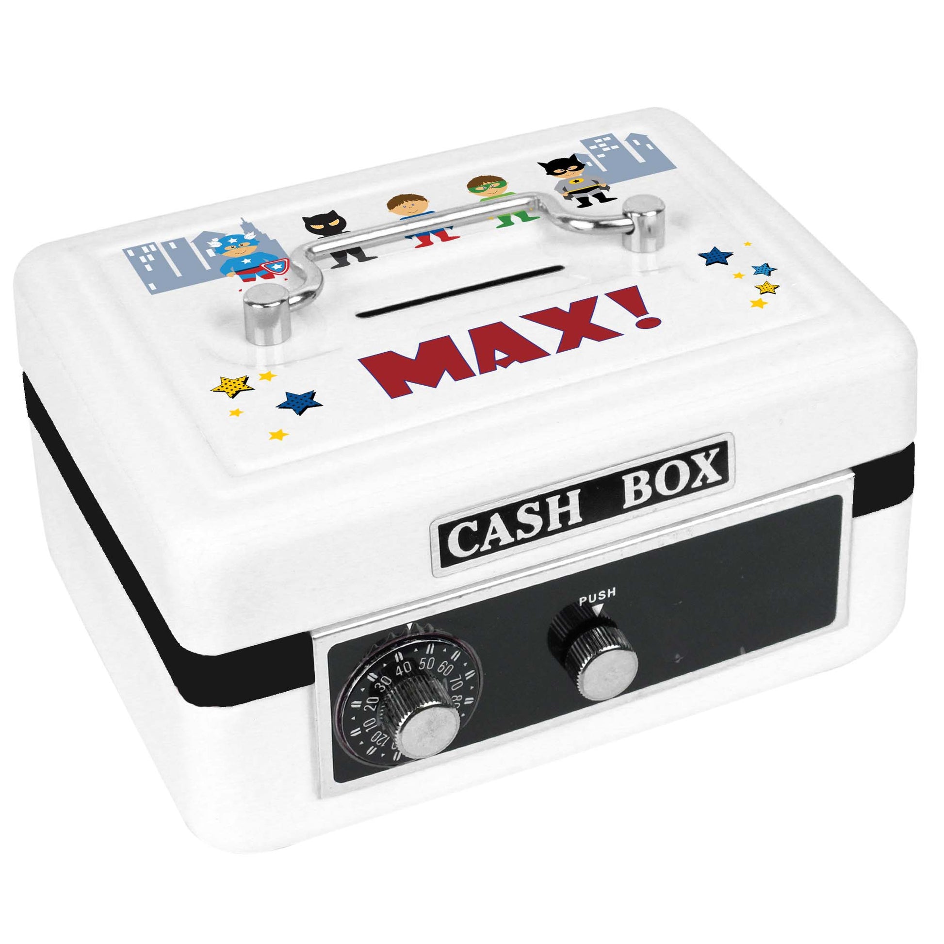 Personalized White Cash Box with Superhero design