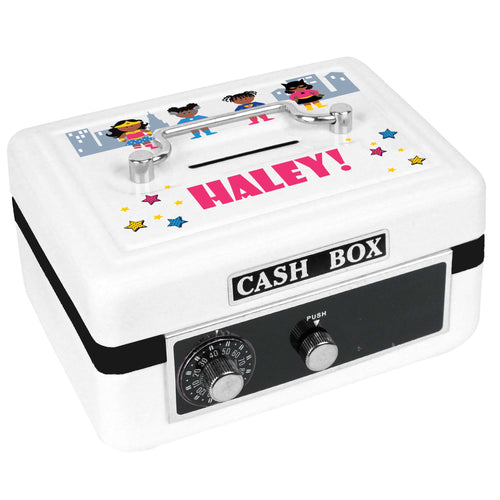 Personalized White Cash Box with Super Girls African American design