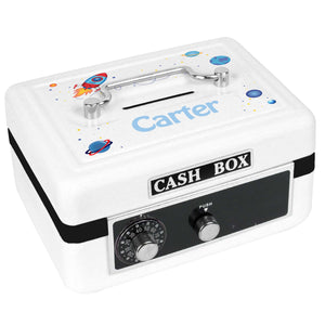Personalized White Cash Box with Rocket design