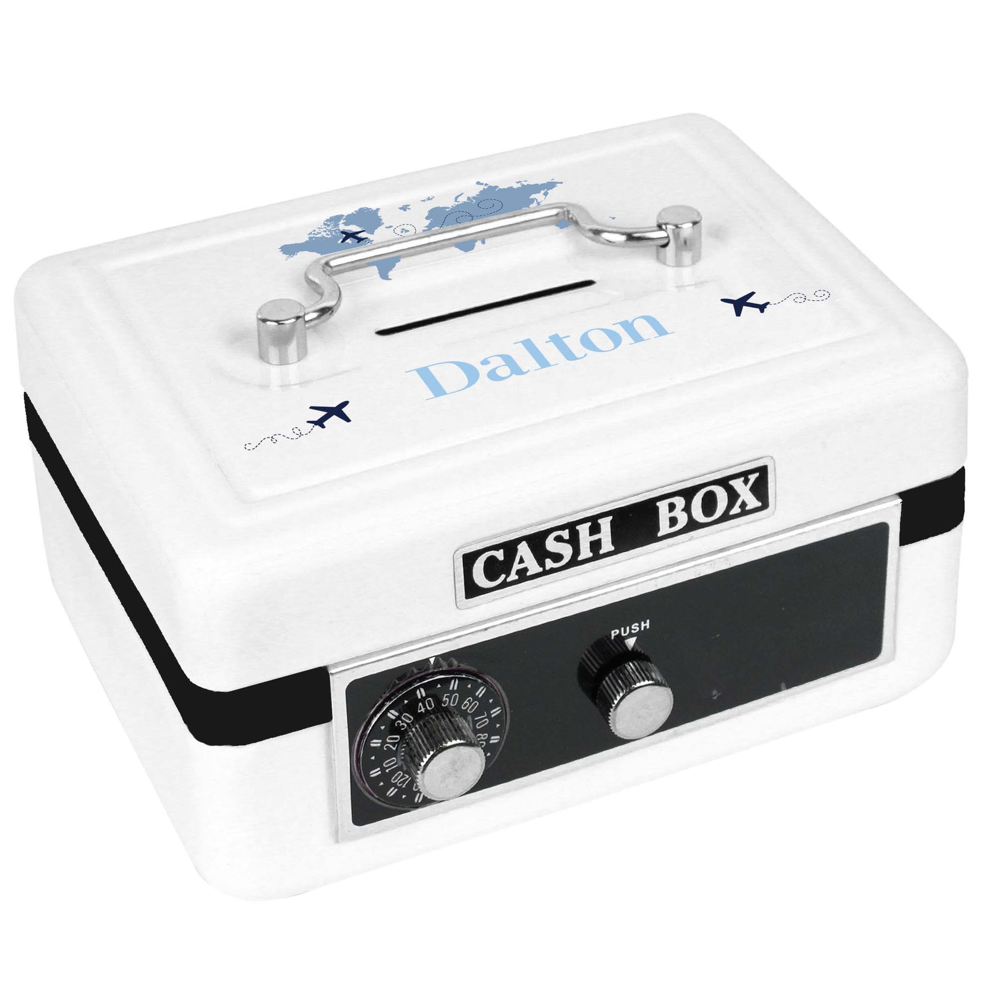 Personalized White Cash Box with World Map Blue design