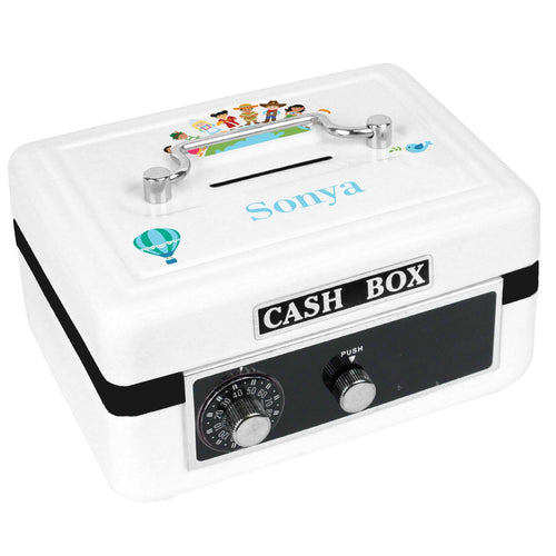 Personalized White Cash Box with Small World design