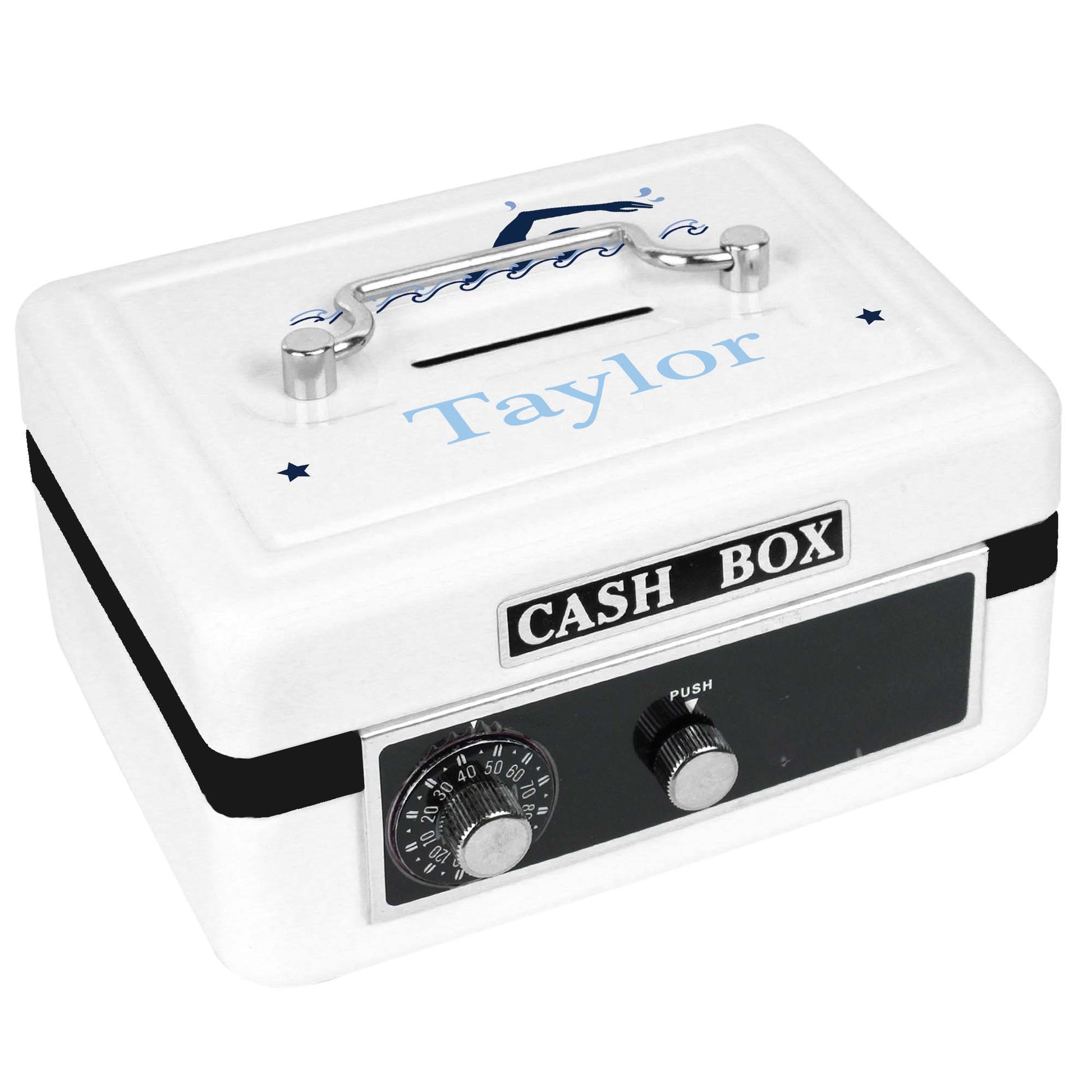 Personalized White Cash Box with Swim design