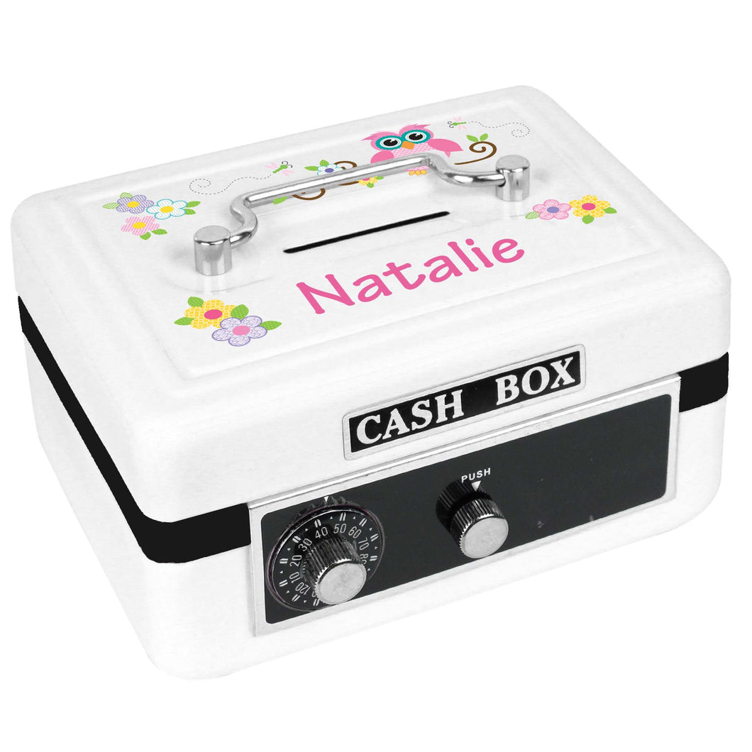 Personalized White Cash Box with Pink Owl design