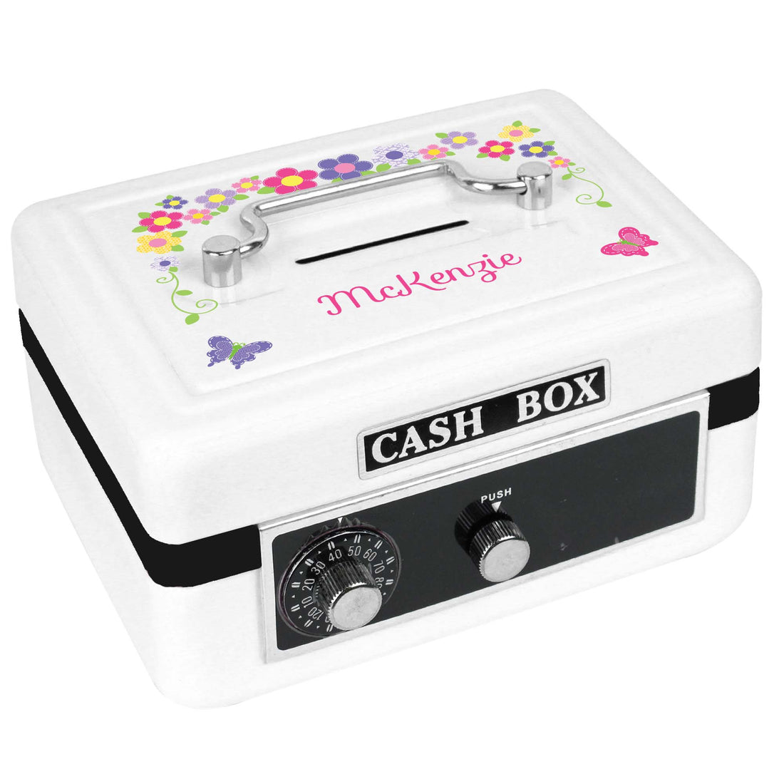Personalized White Cash Box with Bright Butterflies Garland design