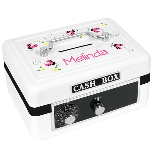 Personalized White Cash Box with Pink Ladybugs design