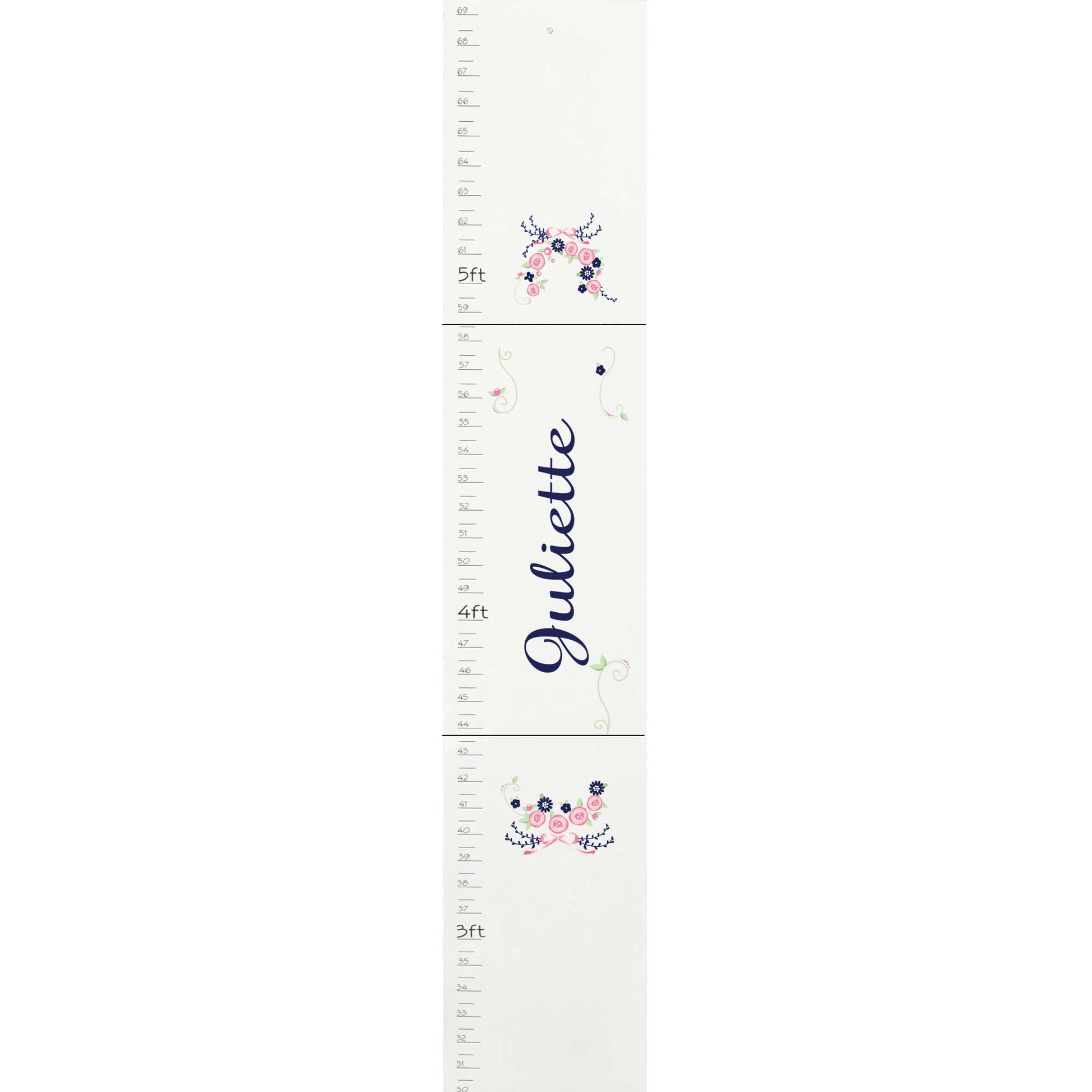 Personalized White Growth Chart With Navy Pink Floral Garland Design