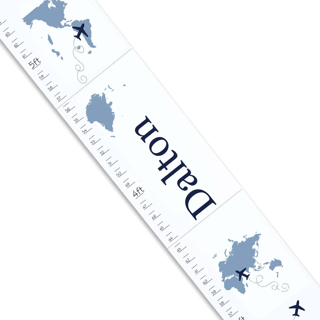 Personalized White Growth Chart With World Map Blue Design