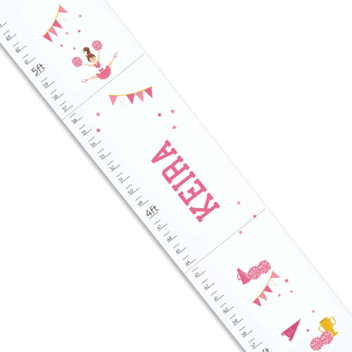 Personalized White Growth Chart With Cheerleader Brunette Pink Design