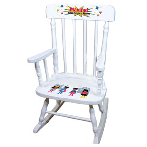 Girl's African American Superhero White Personalized Wooden ,rocking chairs