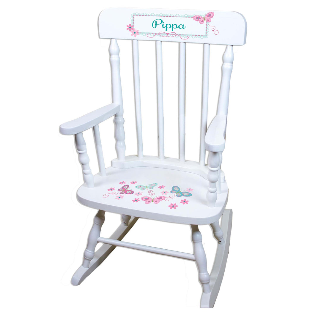 Pink Aqua Butterflies White Personalized Wooden ,rocking chairs