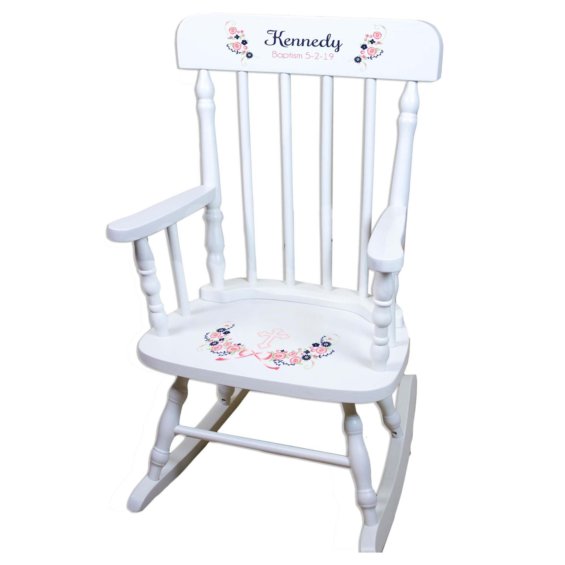Navy Pink Floral Cross White Personalized Wooden ,rocking chairs