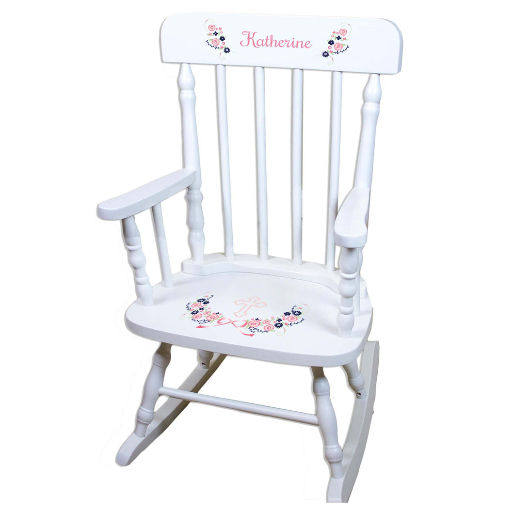 Navy Pink Floral Cross White Personalized Wooden ,rocking chairs