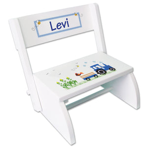 Personalized White Stool Blue Tractor Design