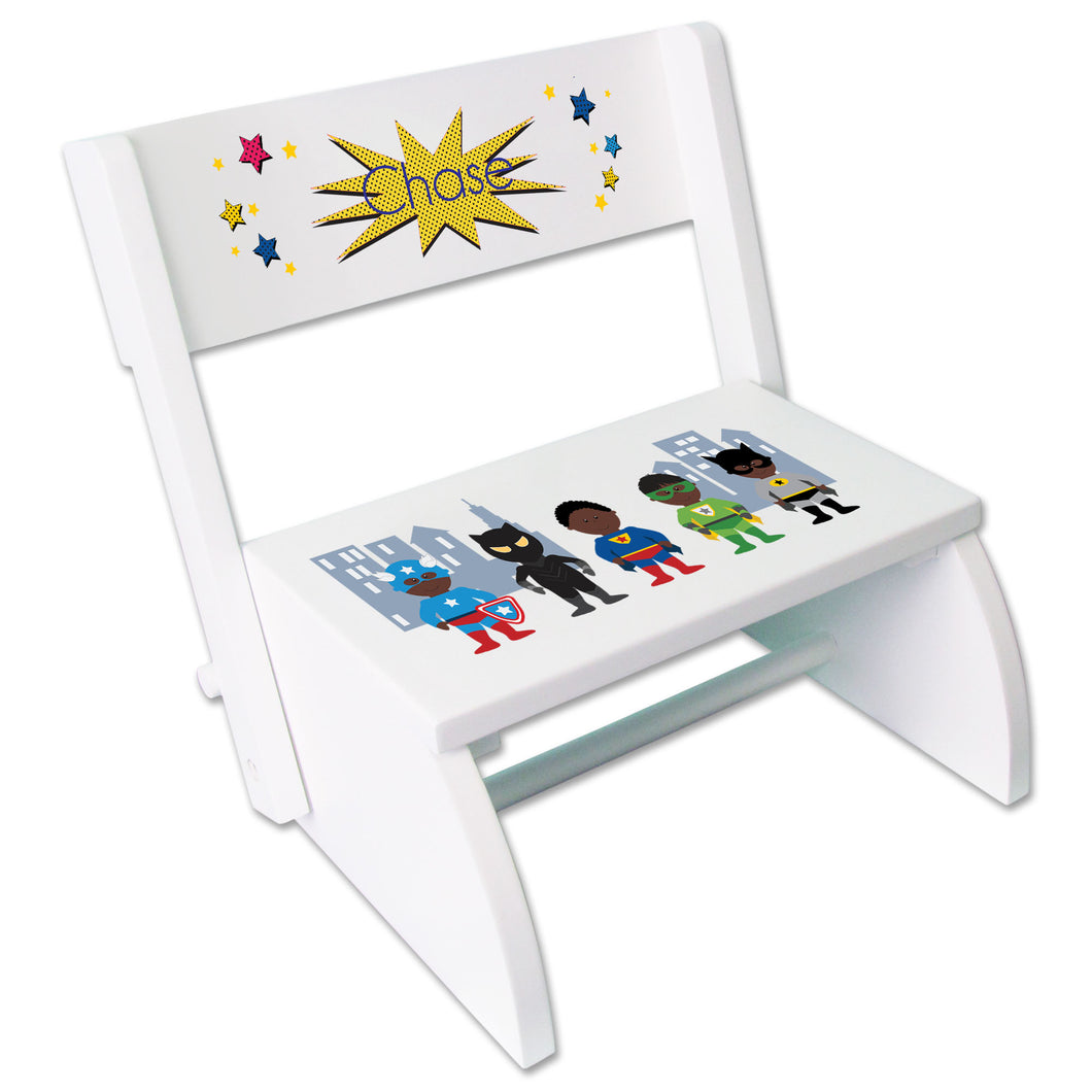 Personalized White Stool African American Super Hero Design