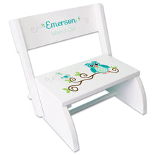 Personalized Blue Gingham Owl Childrens Stool