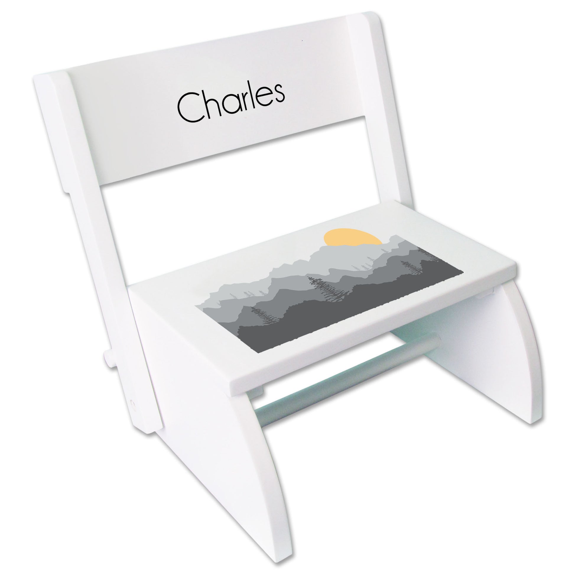 Personalized White Stool Misty Mountain Design