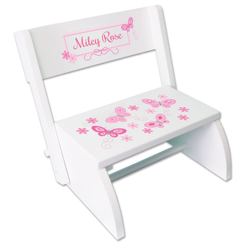 Personalized White Stool Pink Butterflies Design