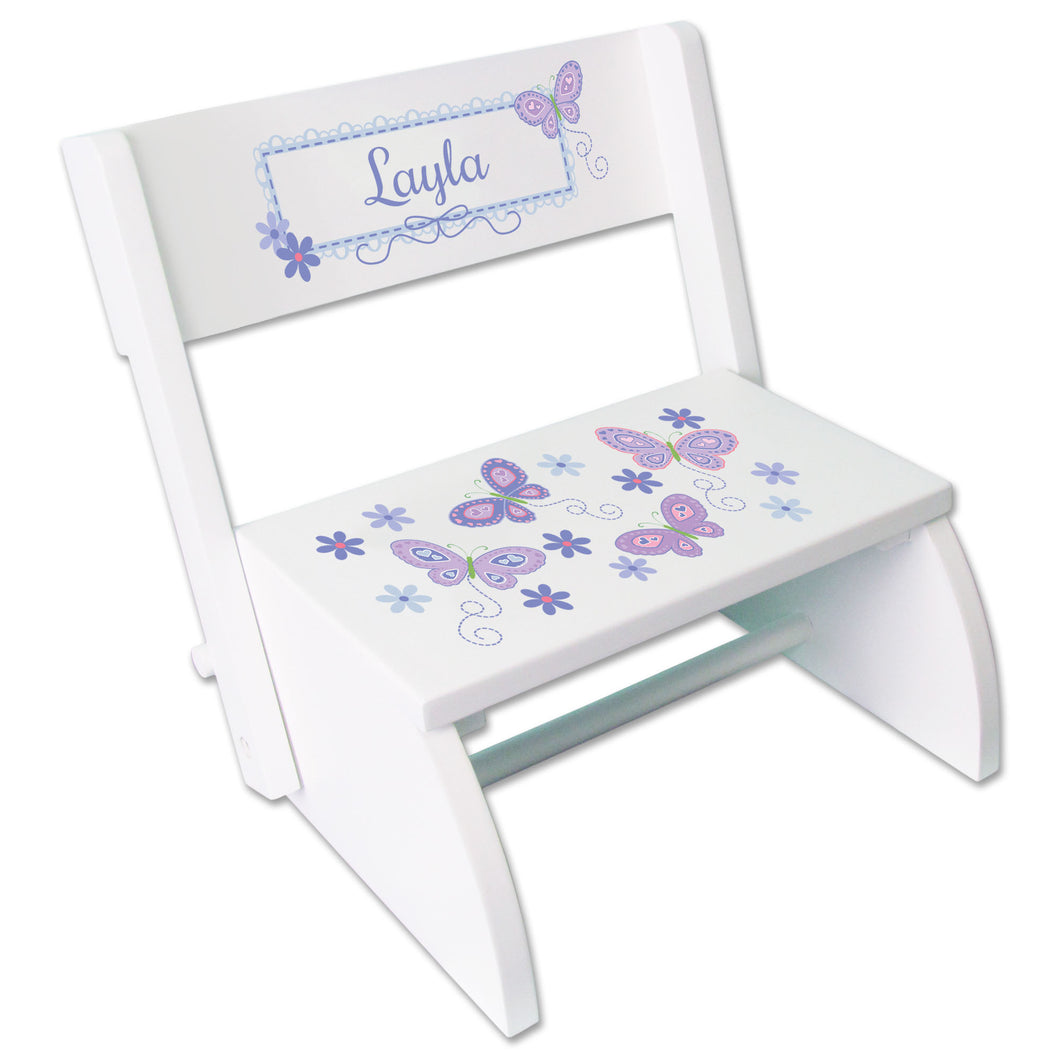 Personalized White Stool Lavender Butterflies Design