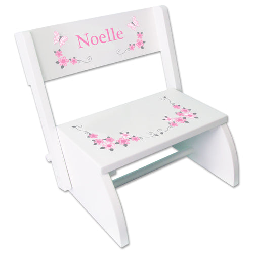 Personalized Pink And Gray Butterflies Childrens Stool