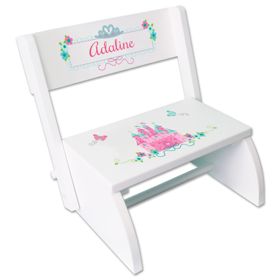 Personalized Pink Teal Princess Castle WhiteStool 