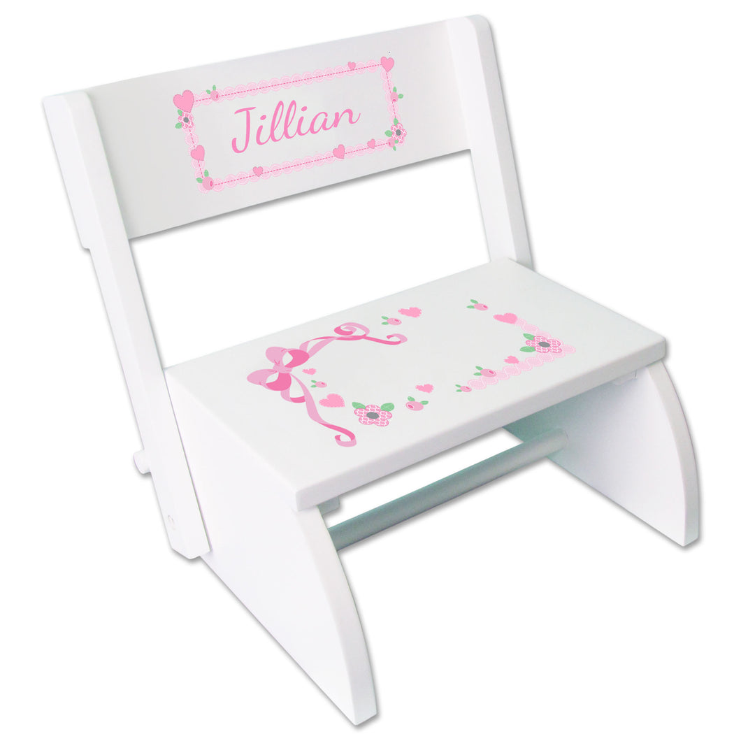 Personalized White Flip Stool With Pink Bow Design