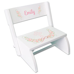 Personalized Childrens White Flip Stool With Girls Blush Baptism Design