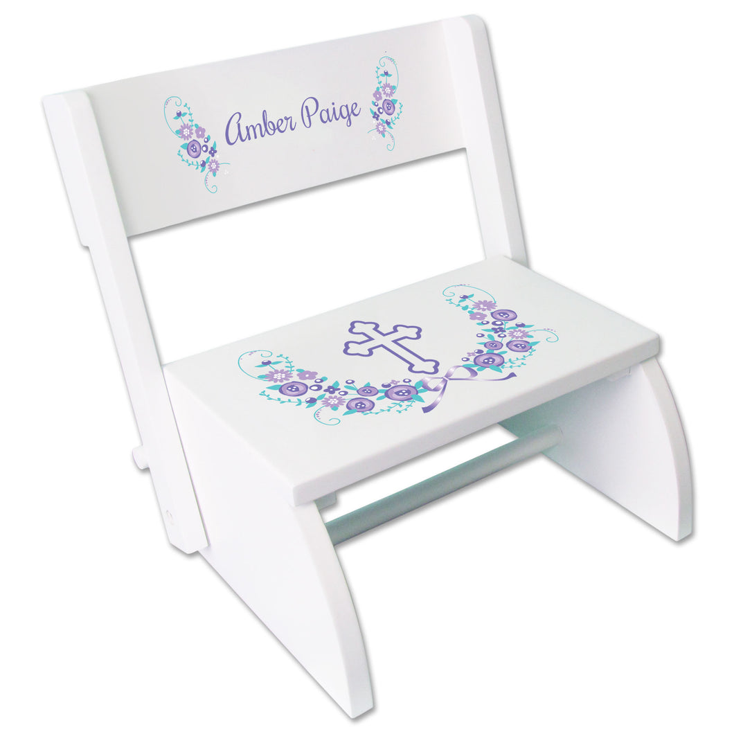 Personalized Holy Cross Lavender Floral Garland Childrens White Flip Stool