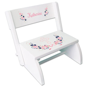 Personalized Holy Cross Navy Pink Floral Garland Childrens White Flip Stool