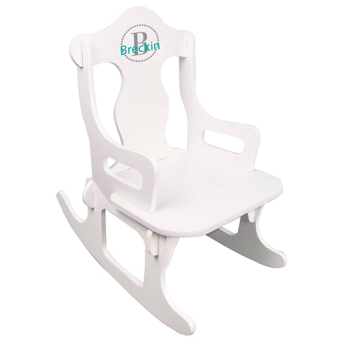 childs monogrammed natural wood rocking chair