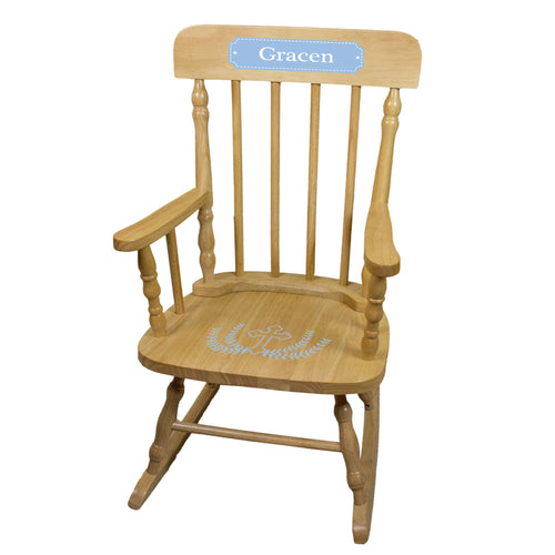Lt Blue Cross Natural Spindle Rocking Chair