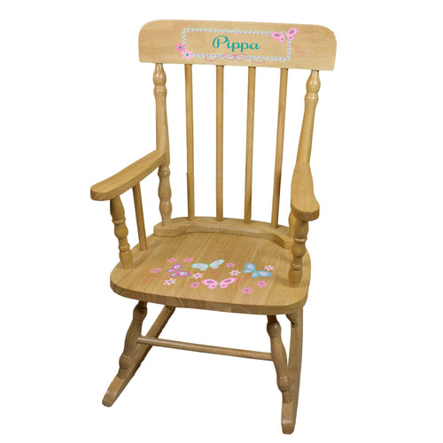 Aqua Pink Butterflies Natural Spindle Rocking Chair