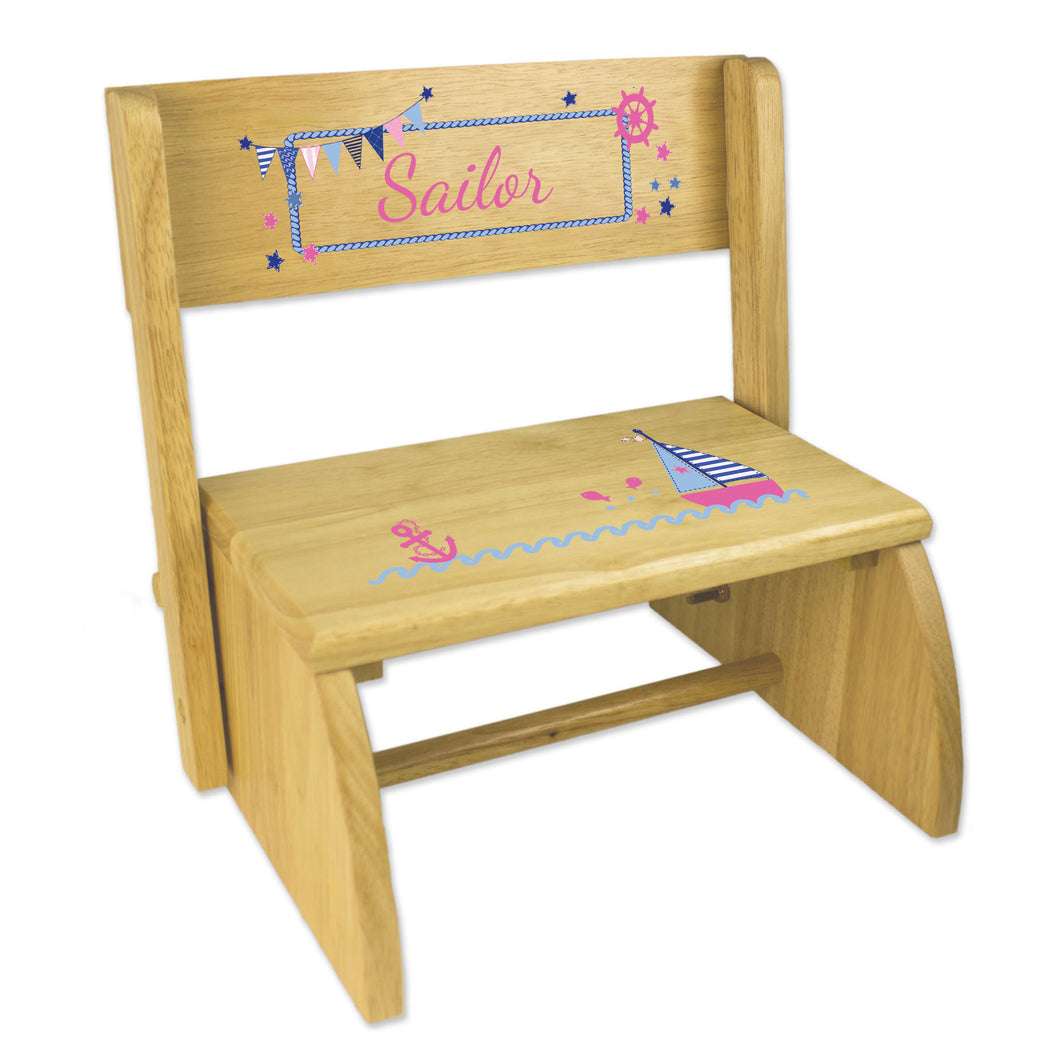 Personalized Pink Sailboat Childrens And Toddlers Wooden Folding Stool