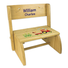 Personalized Natural Flip Stool Blue Tractor Design