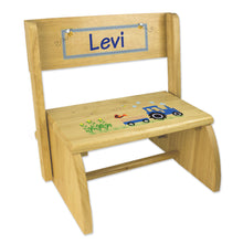 Personalized Natural Flip Stool Blue Tractor Design