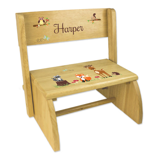 Personalized Green Forest Animal Childrens And Toddlers Wooden Folding Stool