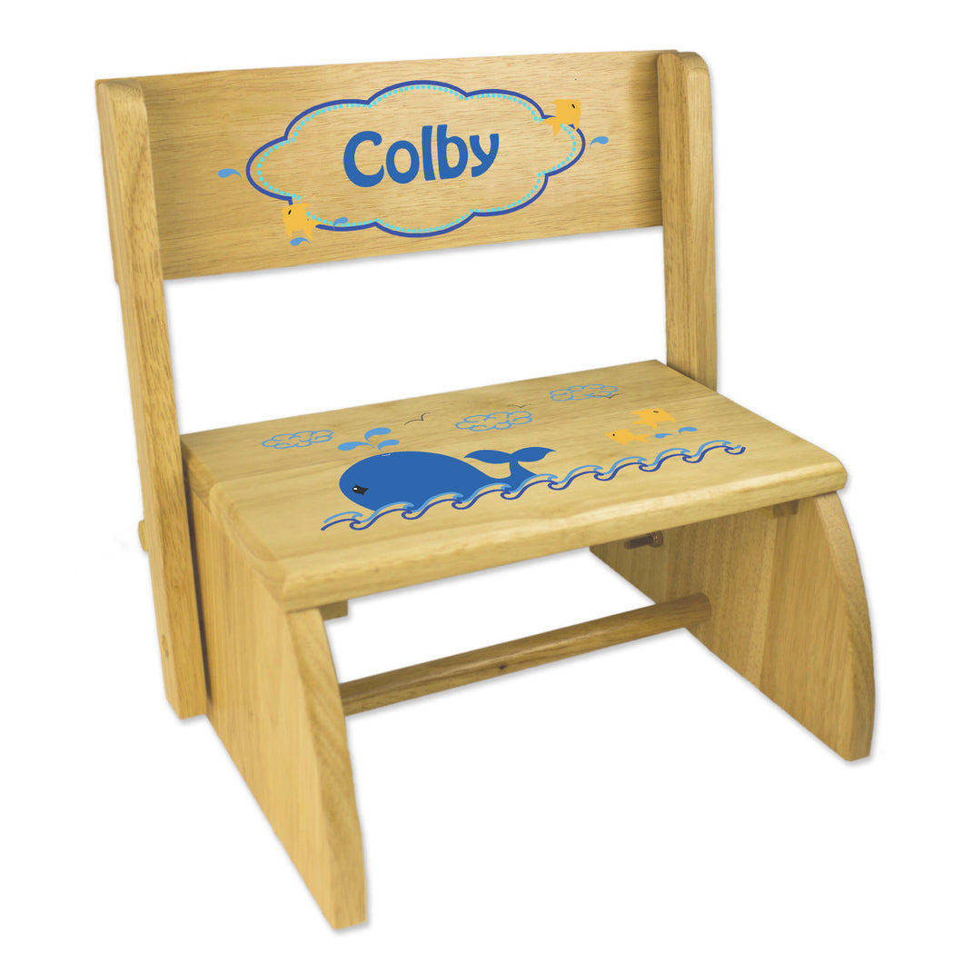 Personalized Blue Whale Childrens And Toddlers Wooden Folding Stool