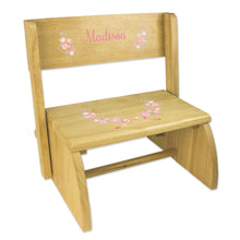 Personalized Pink Gray Floral Garland Childrens And Toddlers Wooden Folding Stool
