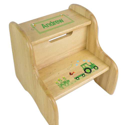 Personalized Green Tractor Natural Two Step Stool