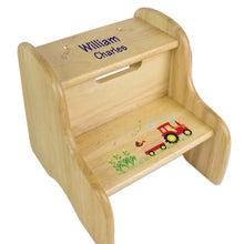 Personalized Natural Two Step Stool With Blue Tractor Design