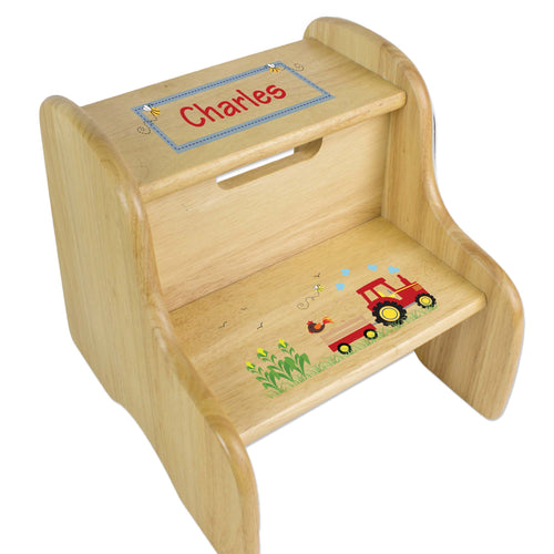 Personalized Red Tractor Natural Two Step Stool