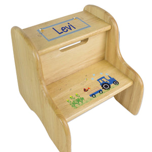Personalized Natural Two Step Stool With Blue Tractor Design