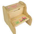 Personalized Natural Two Step Stool With Pink Tractor Design