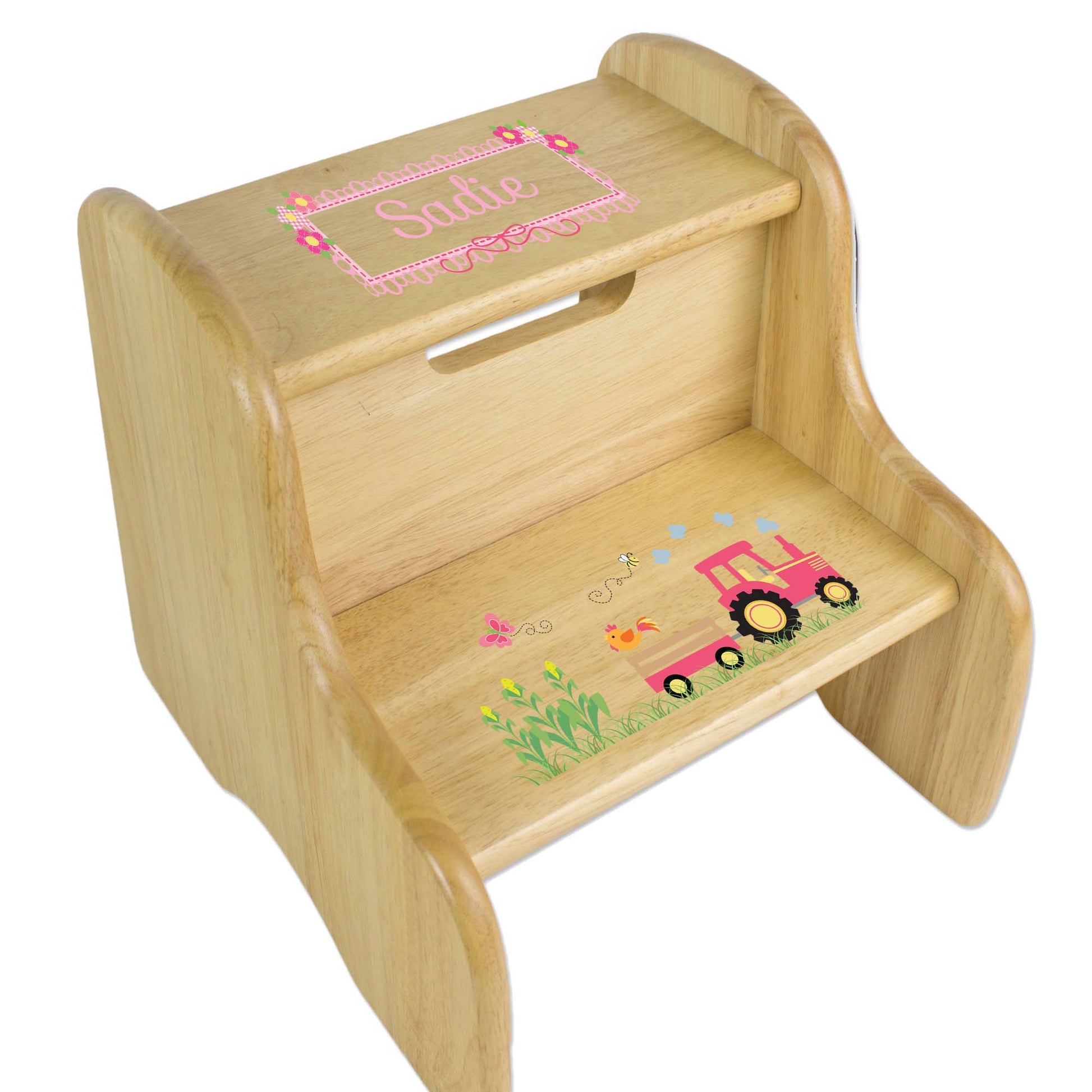 Personalized Natural Two Step Stool With Pink Tractor Design